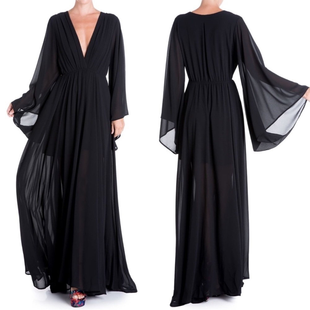 Meghan L LA Sunset Bell Sleeve Maxi black 0164 dress goth dark academia large